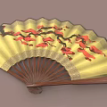 Furniture Decorative Fan With Yellow Surface Red Flowers Black Branches Brown Ribs And Edge Pattern