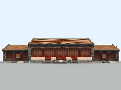 Ancient Chinese Architecture Classic Yellow Glazed Roof Red Wooden Doors and Symmetrical Overhanging Eaves View 3d model