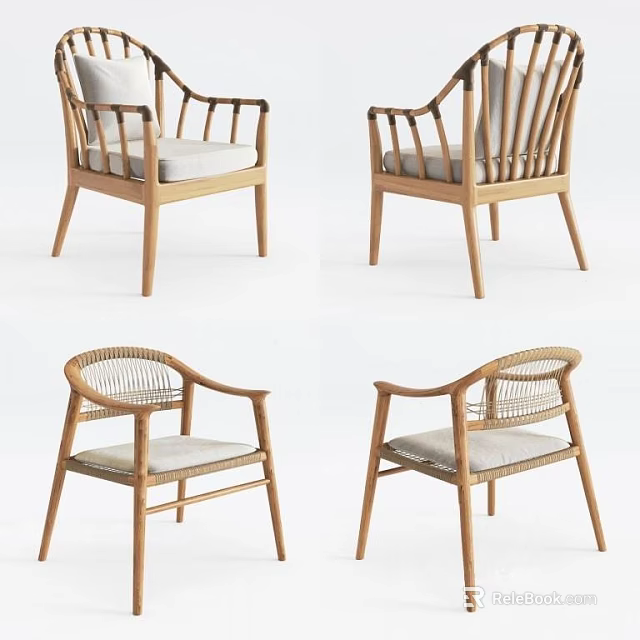Stylish Leisure Chairs With Wooden Frames Woven Details And Comfortable Cushioned Seats 3d model 