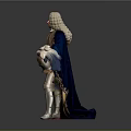 Historical Man in Silver Armor With Curly Hair Wearing Blue Cape Holding Helmet