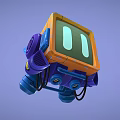 Animated Game Cartoon Robot Character With TV Shaped Head Screen Eyes Yellow Blue Body And Antenna