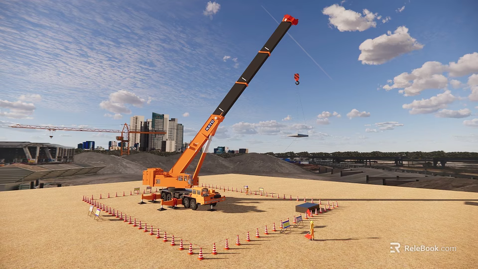 Orange Mobile Crane Lifting Load At Urban Construction Site With Traffic Cones 3d model 