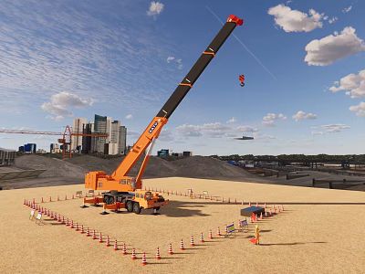 Orange Mobile Crane Lifting Load At Urban Construction Site With Traffic Cones 3d model