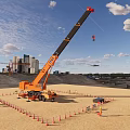 Orange Mobile Crane Lifting Load At Urban Construction Site With Traffic Cones