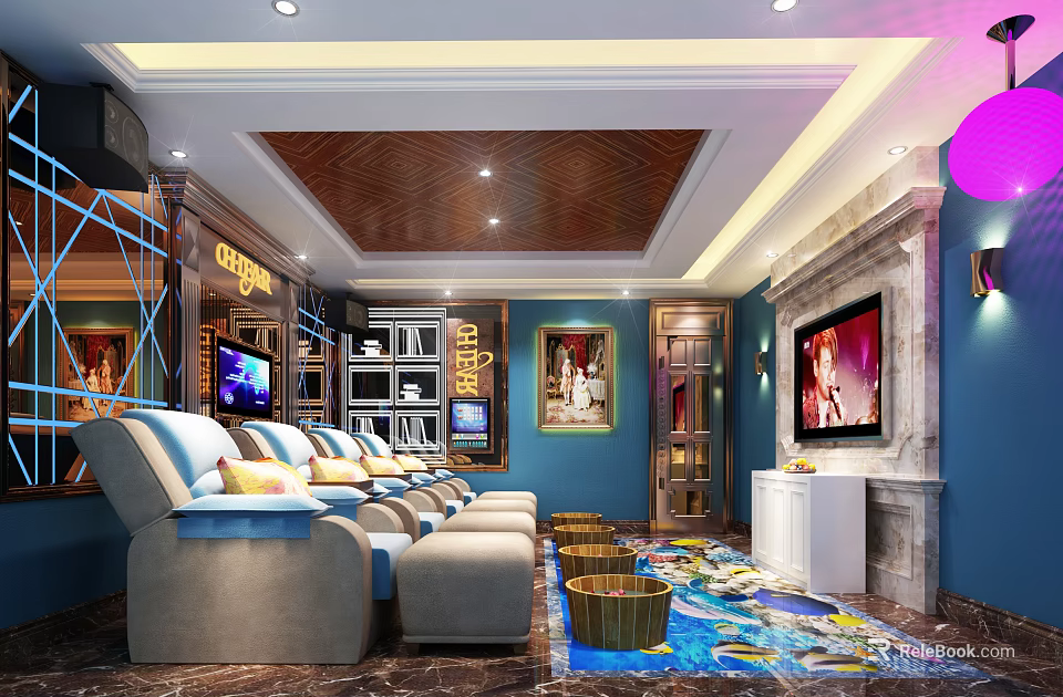 Luxurious SPA Sauna Lounge With Comfortable Sofas TV And Decorative Baskets 3d model 
