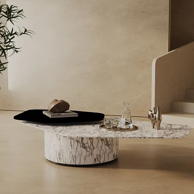Modern Sofa and Coffee Table Set with Marble Top Tray Glassware and Decorative Accents 3d model