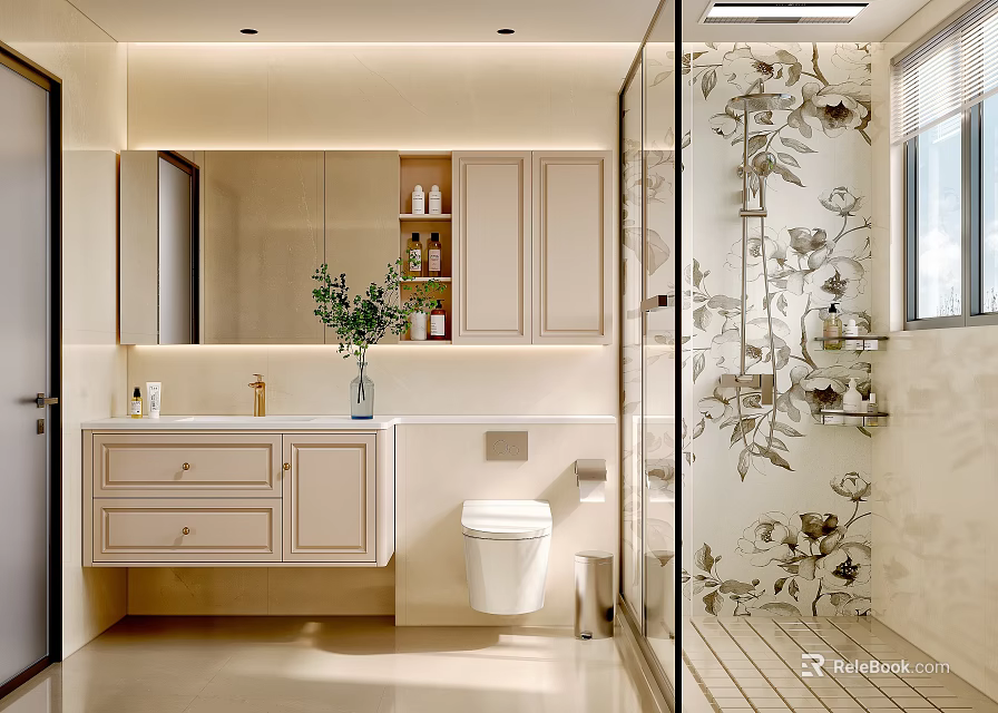 Modern Bathroom Interior Design With Vanity Mirror Toilet Green Plants And Leaf Pattern Shower 3d model 