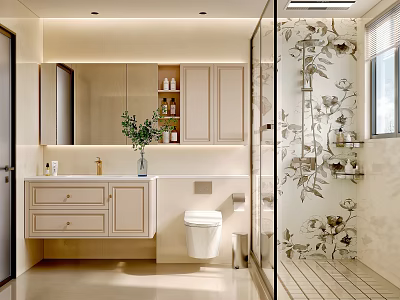 Modern Bathroom Interior Design With Vanity Mirror Toilet Green Plants And Leaf Pattern Shower 3d model