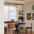 Elegant Dining Area With Round Table Wooden Chairs Glass Pendant Light And Wine Rack