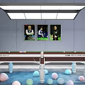Billiard Table With Green Felt Surface Colored Balls Cues And Colorful Balloons Under Table