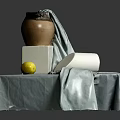 Still Life Interior With Gray Cloth Clay Pot White Cube Lemon And White Paper Roll