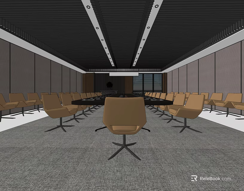 Modern Conference Room Interior With Round Table Tan Chairs And Recessed Lighting 3d model 