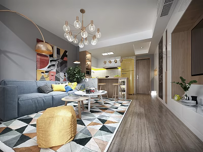 Modern Living Room Interior With Gray Sofa Colorful Pillows Geometric Rug And Chandelier 3d model