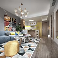 Modern Living Room Interior With Gray Sofa Colorful Pillows Geometric Rug And Chandelier
