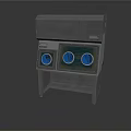 Gray Laboratory Fume Hood Structure With Two Blue Circular Windows And Stand