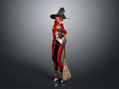 Red Haired Witch In Black Pointed Hat And Red Black Outfit Holding Broomstick 3d model