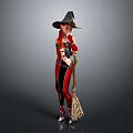 Red Haired Witch In Black Pointed Hat And Red Black Outfit Holding Broomstick