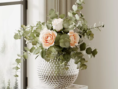 Potted Bonsai Plant With Pink White Roses Green Eucalyptus On Window Shelf Curtains Snowy Background 3d model