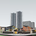 Vibrant Commercial Street With High Rise Towers And Low Rise Shops Featuring Mixed Styles