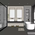 Modern Bathroom Interior Design With Double Sinks Mirrors Bathtub And Shower