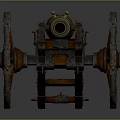 Vintage Ancient Cannon Weapon With Large Wooden Wheels And Brass Barrel