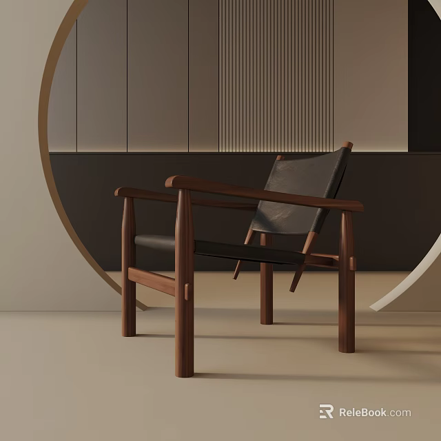 Minimalist Leisure Chair With Wooden Frame Black Leather Cushion In Interior Space 3d model 