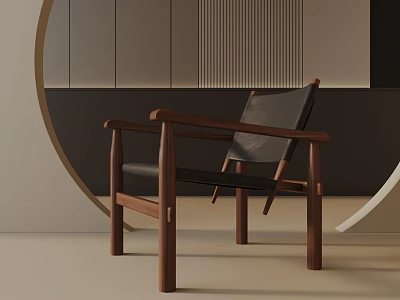 Minimalist Leisure Chair With Wooden Frame Black Leather Cushion In Interior Space 3d model
