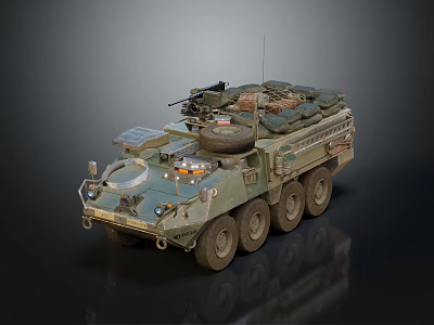 Military Wheeled Vehicle With Roof Mounted Machine Gun And Military Gear 3d model