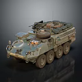 Military Wheeled Vehicle With Roof Mounted Machine Gun And Military Gear