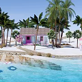 Waterfront Landscape Featuring Palm Trees White Cottage Pink Decorations Sandy Beach And Float Rings