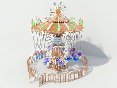 Colorful Flying Chair Amusement Ride With Star Decorations And Fenced Enclosure 3d model