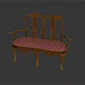 Classical Wooden Bench With Carved Backrest Armrests And Red White Checkered Upholstery