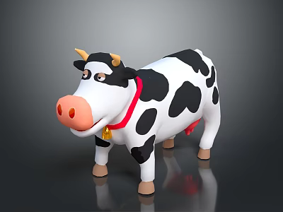 Cute Cartoon Cow Doll With Black White Spots Red Collar Yellow Bell And Pink Nose 3d model