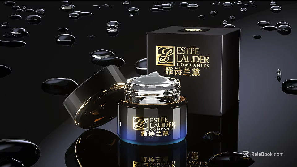 Luxurious Estee Lauder Revitalizing Cream with Product Box and Water Droplets on Black Background 3d model 