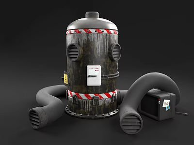 Industrial Cylindrical Equipment With Warning Stripes Worn Surface Curved Pipes And Small Black Device 3d model