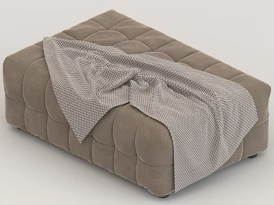 Light Brown Ottoman with Tufted Padded Texture and Gray Checkered Blanket on Top 3d model