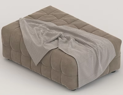 Light Brown Ottoman with Tufted Padded Texture and Gray Checkered Blanket on Top 3d model