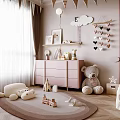 Pink Kids Room Interior With Cloud Decor Elephant Wall Art Crib And Stuffed Toys