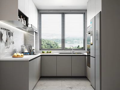 Modern Kitchen Interior With White Cabinets Large Windows View Of Greenery And Marble Countertops 3d model