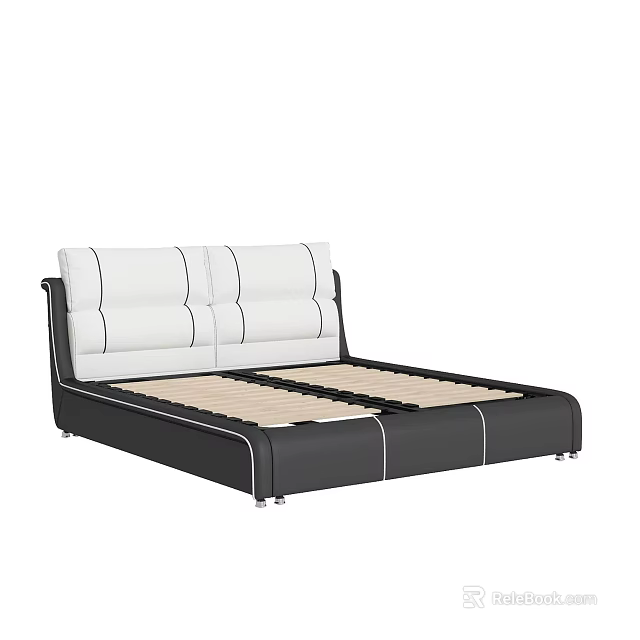Modern Minimalist Double Bed With White Leather Headboard And Black Frame 3d model 