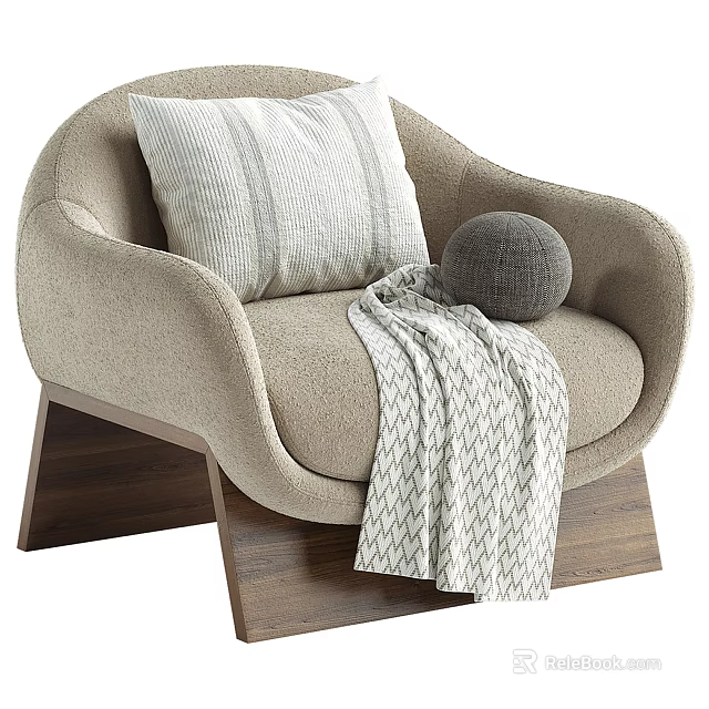 Modern Cozy Accent Chair With Beige Upholstery Striped Cushion Gray Round Pillow And Wooden Base 3d model 