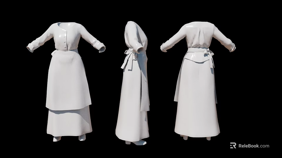 Women's White Long Dress Displayed in Three Different Angles 3d model 