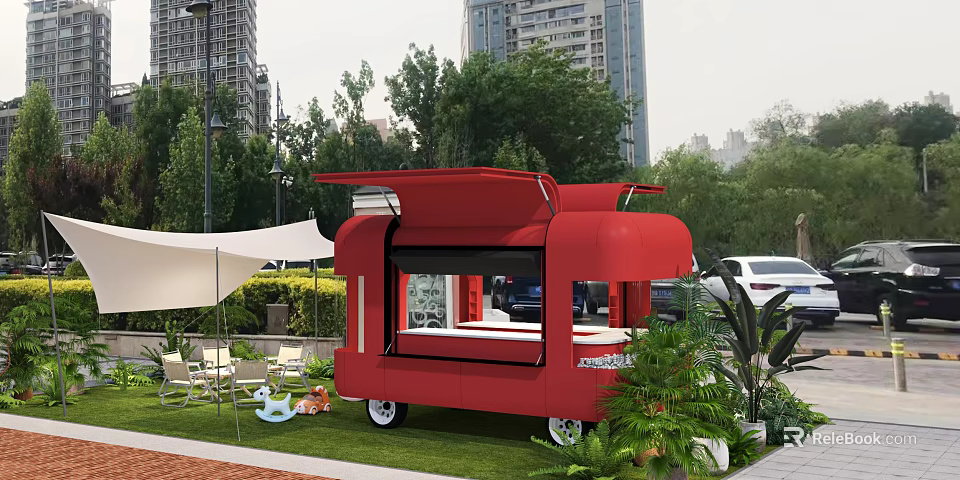 Red Mobile Food Service Commercial Equipment with Display Window and Outdoor Setup 3d model 