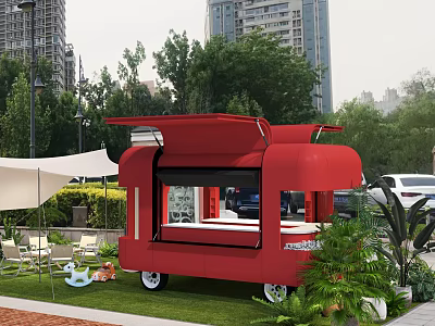 Red Mobile Food Service Commercial Equipment with Display Window and Outdoor Setup 3d model