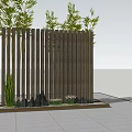 Wooden Landscape Wall with Vertical Slats Green Plants on Top and Stones at Base
