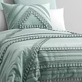 Light Green Striped Double Bed Bedding Set With Tassel Decorations And Pillows