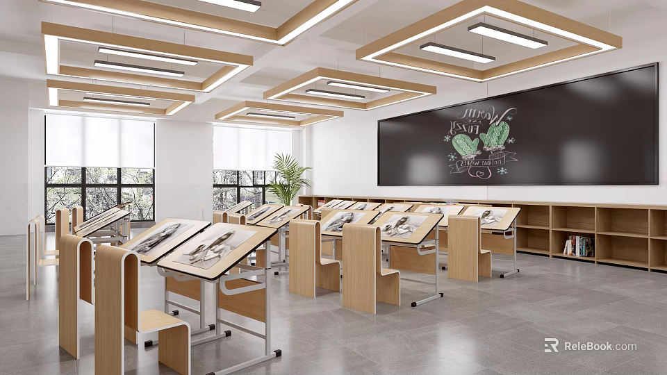 Modern School Classroom With Wooden Desks Blackboard Green Plants And Large Windows 3d model 