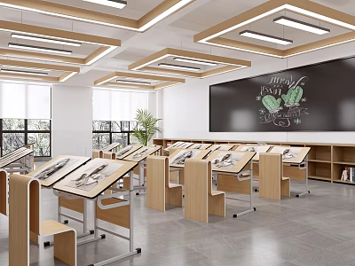Modern School Classroom With Wooden Desks Blackboard Green Plants And Large Windows 3d model