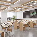 Modern School Classroom With Wooden Desks Blackboard Green Plants And Large Windows