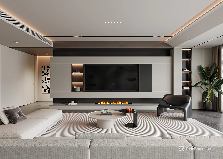Modern Living Room Interior Design With White Sofa Round Coffee Table Fireplace And Black Chair 3d model 